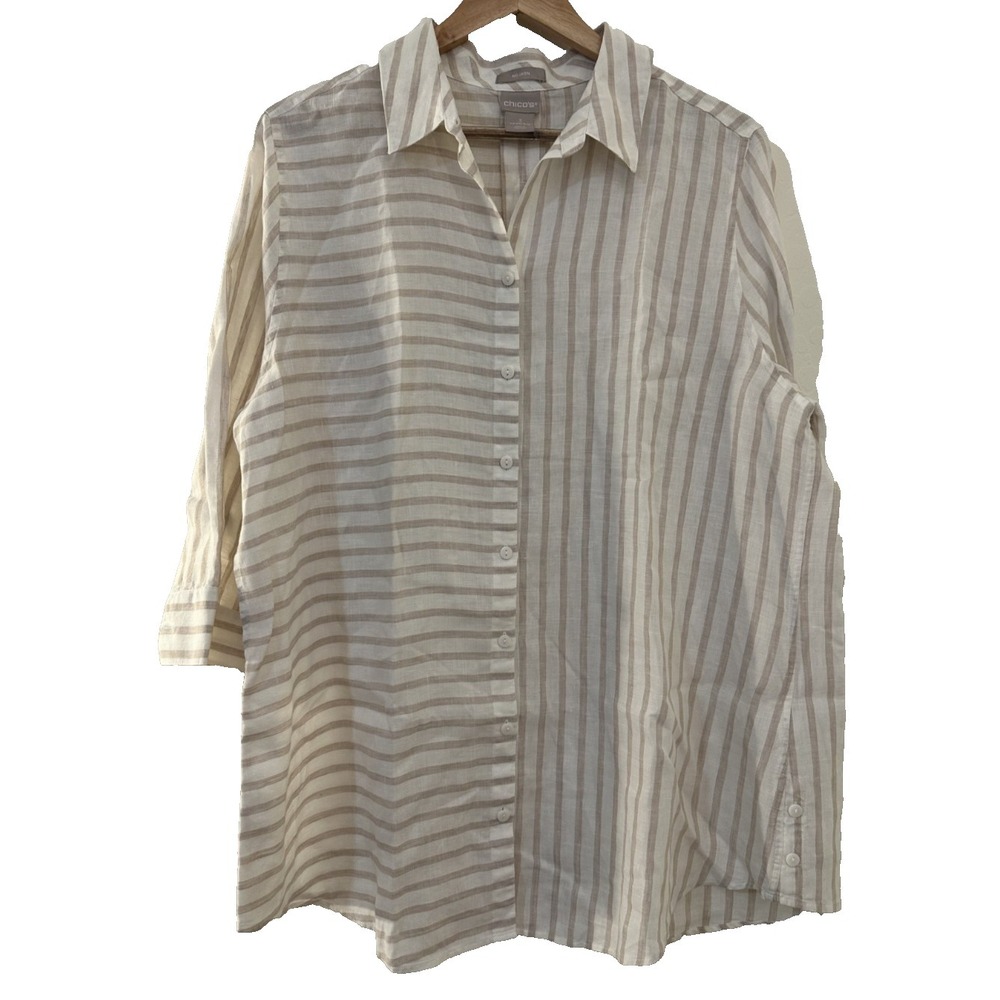 Chicos 100%‎ Linen Womans Striped Tunic Top Size 16/18 Lagenlook Minimal Travel